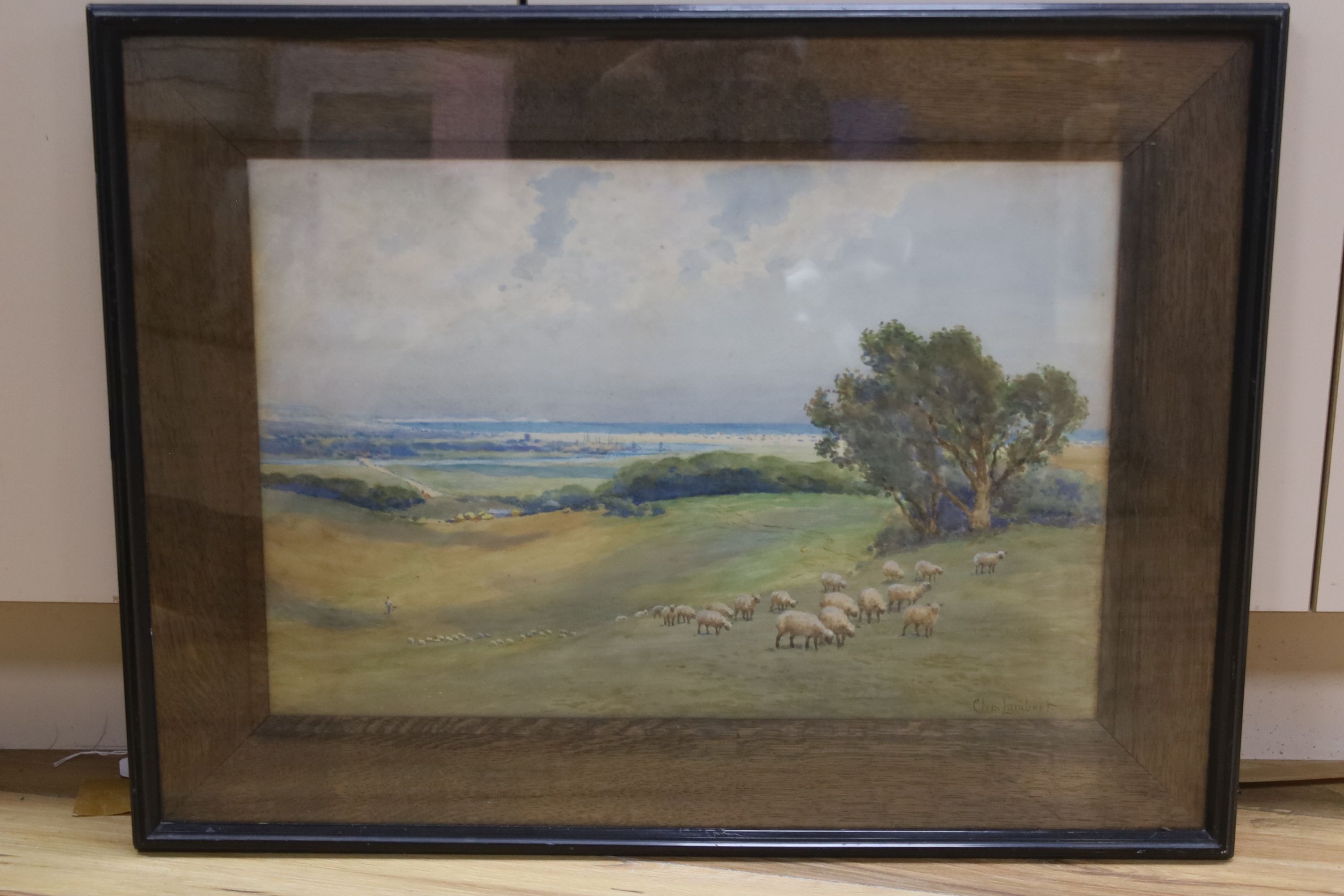 Clement Lambert (1855-1925), watercolour, 'My boyhood haunt' (View of Shoreham from Lancing Clump), signed, 34 x 52cm